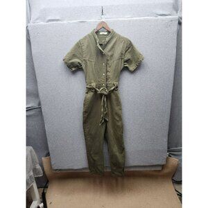 Daphnea Paris Olive Green Button-Up Cotton Jumpsuit With Belted Waist & Elastic